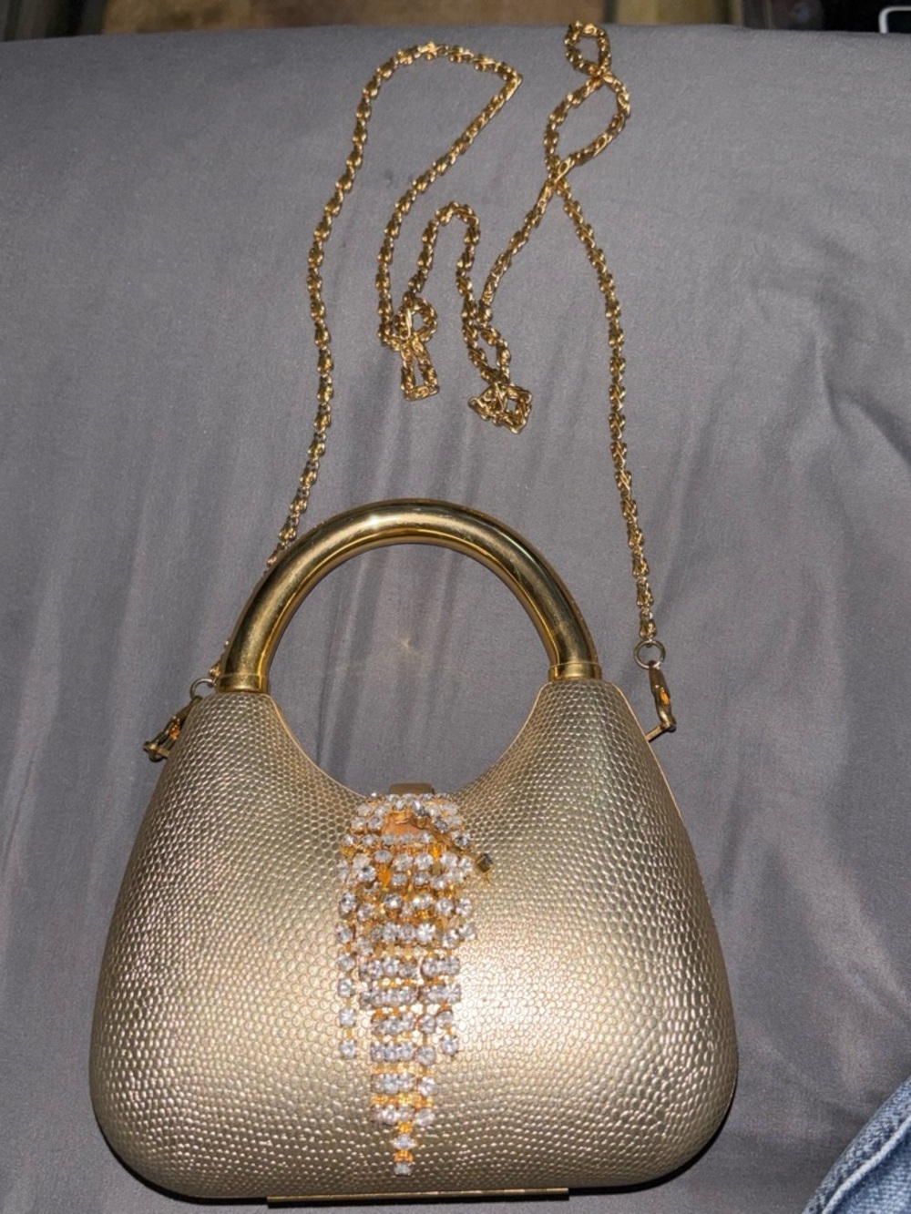 Gold Crystal-Embellished Mini Top-Handle Bag with Chain Strap